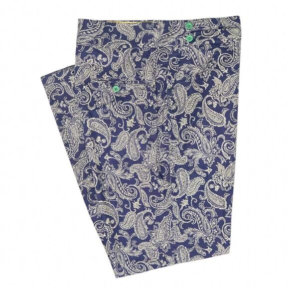Mens Gurkha Pants 36 Blue Beige Paisley Chino Trousers Straight Fit Flat Front